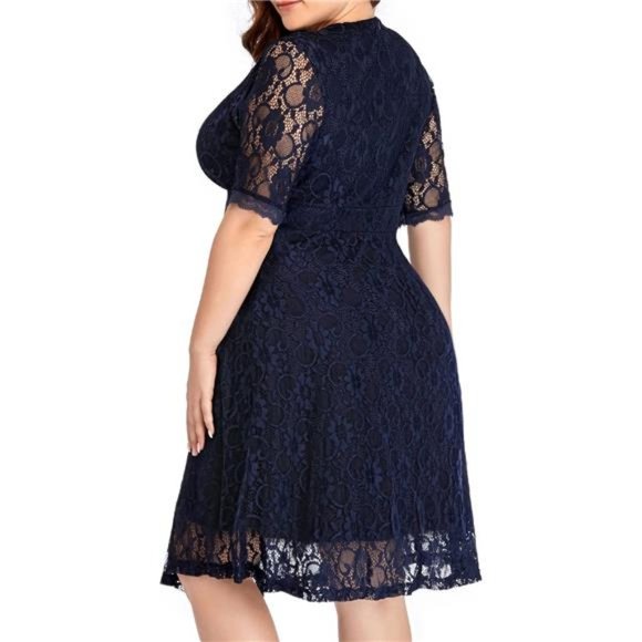 Women's Lace V-Neck Plus Size Cocktail Dress Knee Length Dress, Navy Blue - Picture 4 of 6